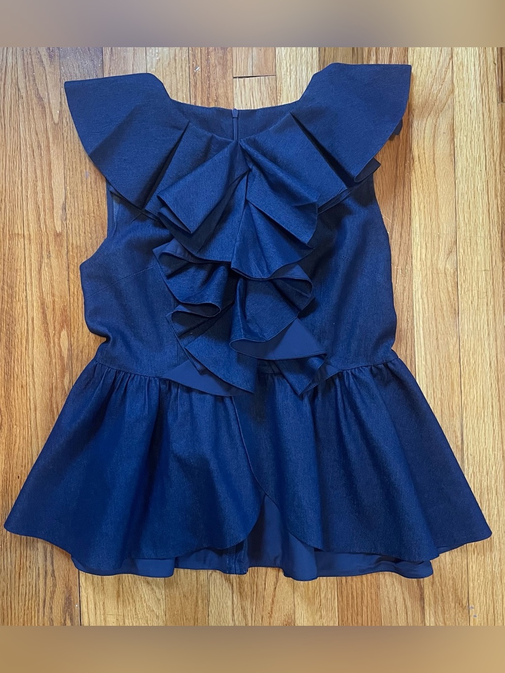 STYLEWE Dark Wash Denim Sleeveless Ruffle Peplum Zipper Back Top Women’s Sz S/M
